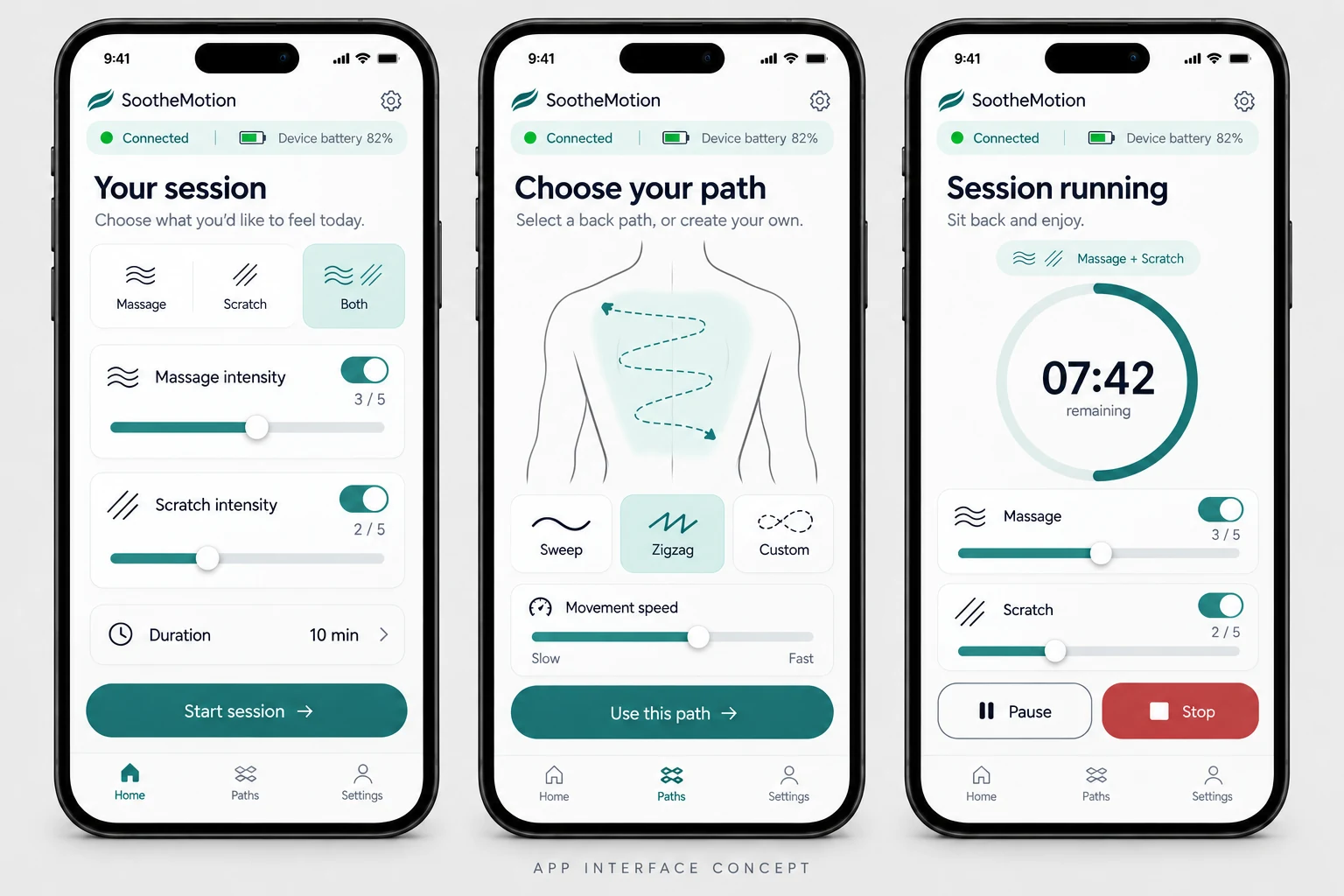 Three app screens with device battery, separate scratch and massage controls, path selection, timer, pause and stop