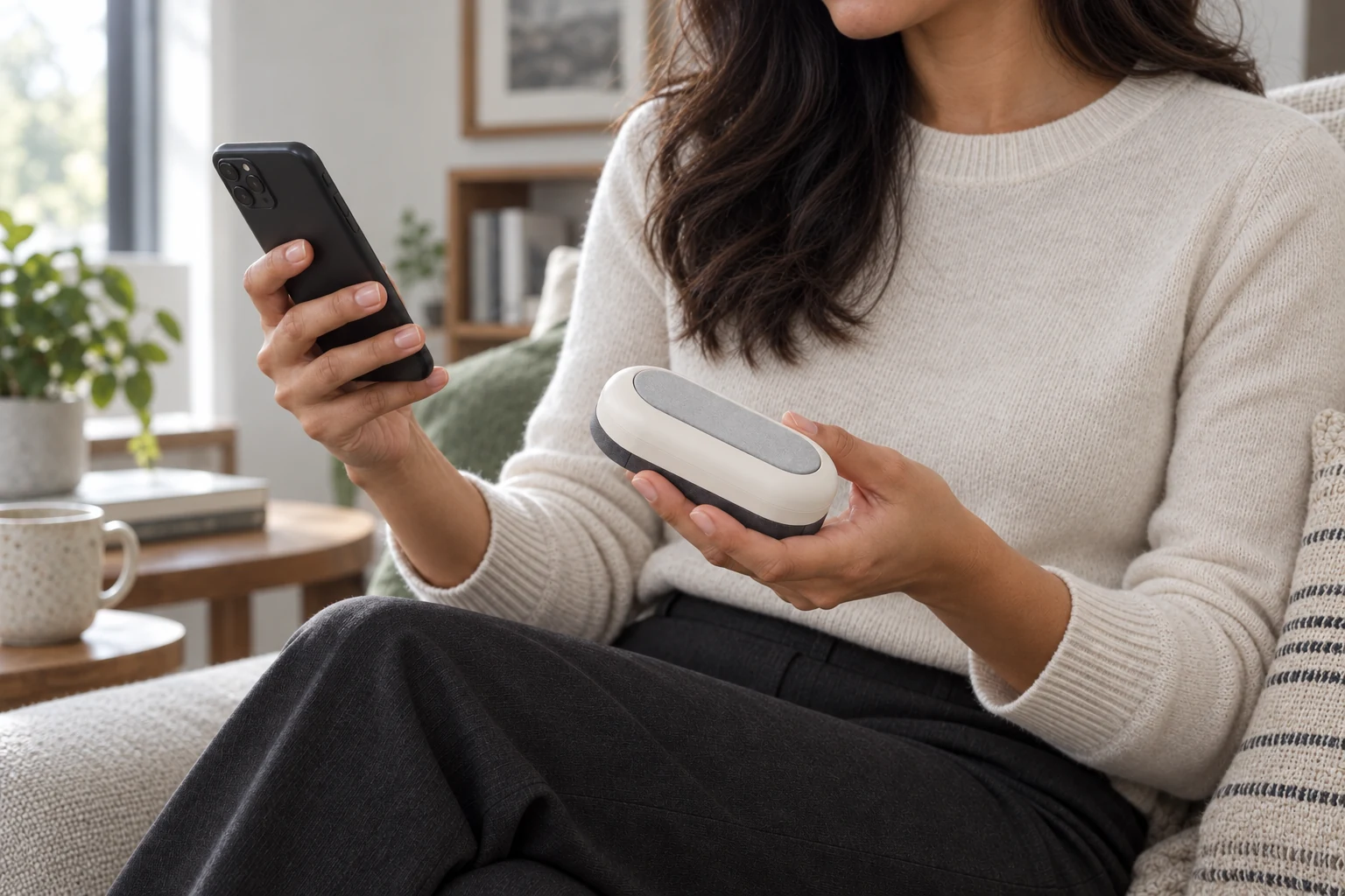 Lifestyle concept of the ivory device held beside a phone