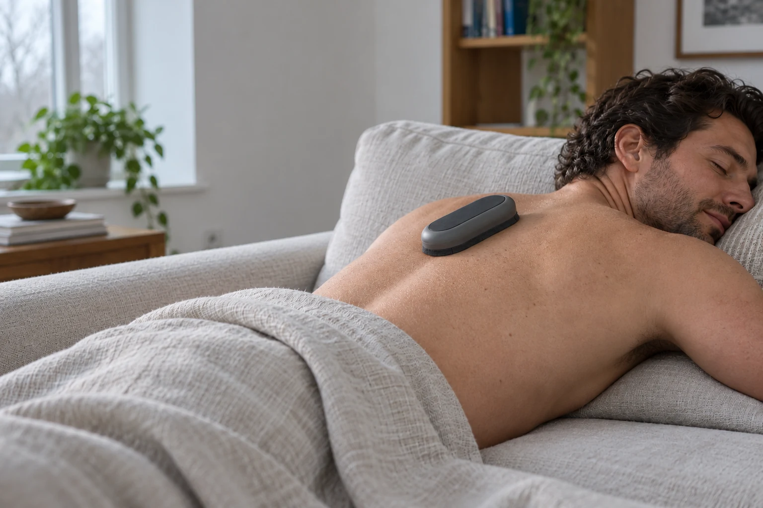 Lifestyle concept of the graphite device resting on an adult’s upper back